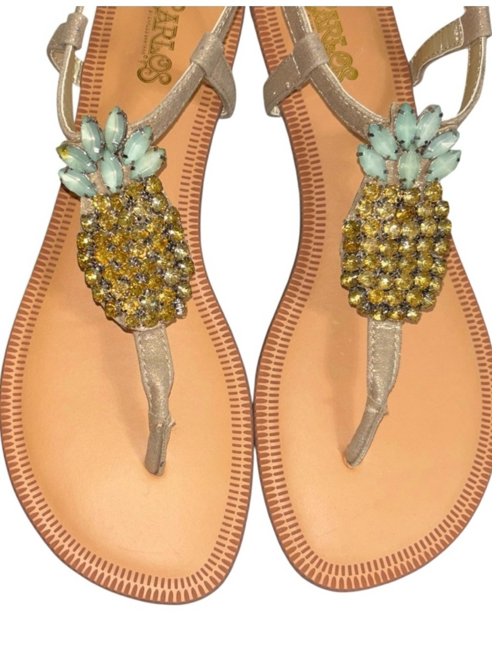 Carlos By Carlos Santana Pineapple Rhinestone Thong Slingback Sandals Gold NWOT - Picture 2 of 11